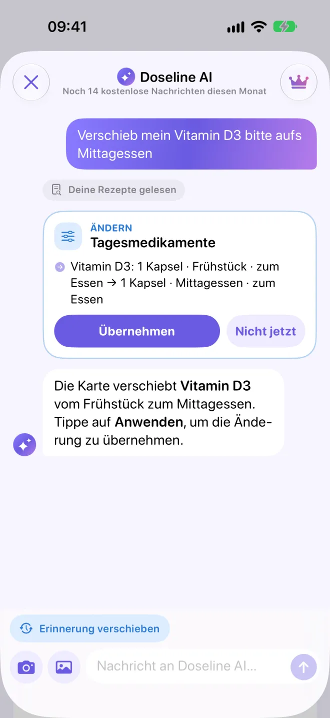 Chat mit Doseline AI: Auf die Bitte, Vitamin D3 aufs Mittagessen zu verschieben, zeigt es eine Änderungskarte zum Bestätigen.