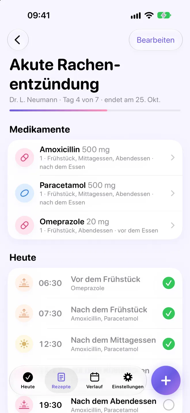 Ein Rezept in Doseline: Tag 4 von 7, drei Medikamente und die heutigen Erinnerungen vor und nach dem Frühstück, nach dem Mittagessen und vor dem Abendessen.