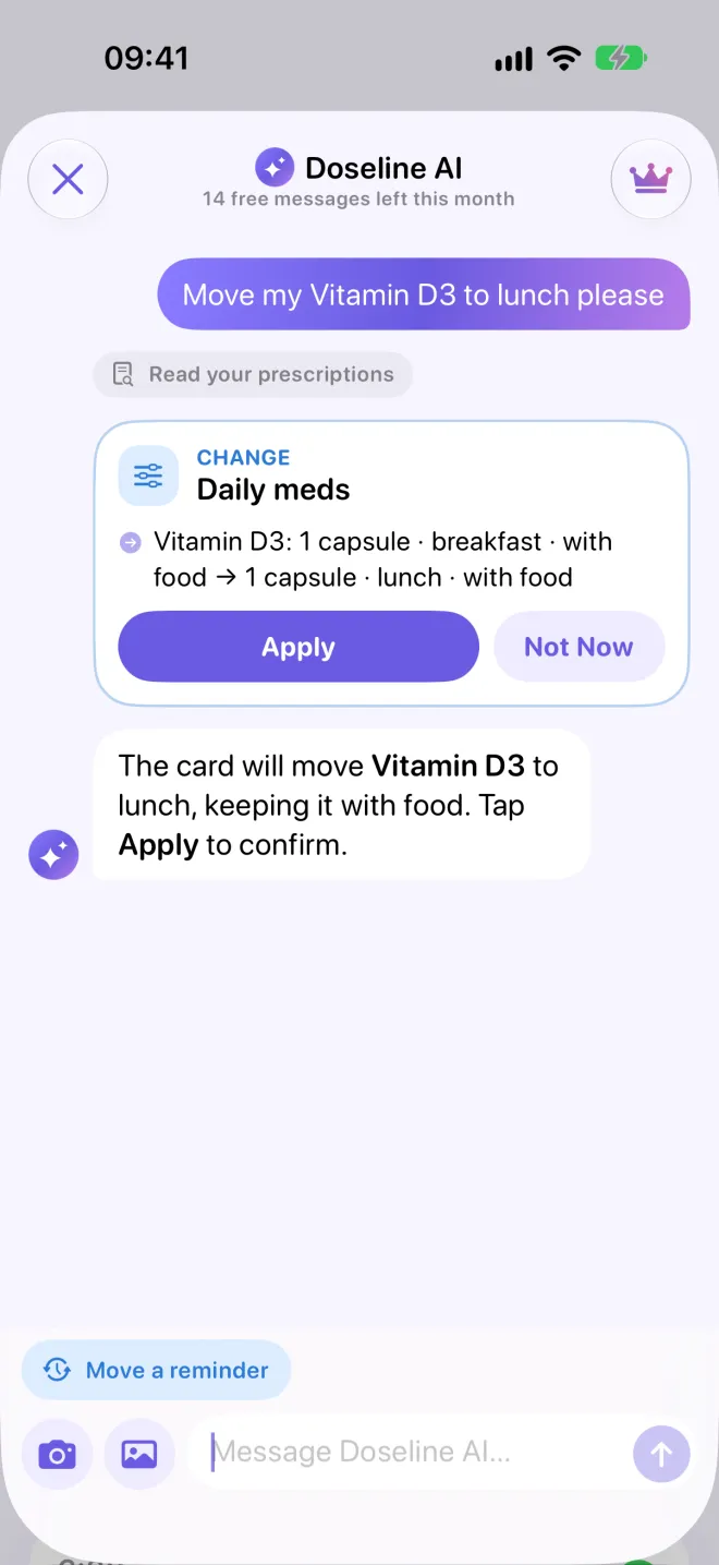 Doseline AI chat: asked to move Vitamin D3 to lunch, it shows a change card with Apply and Not Now.