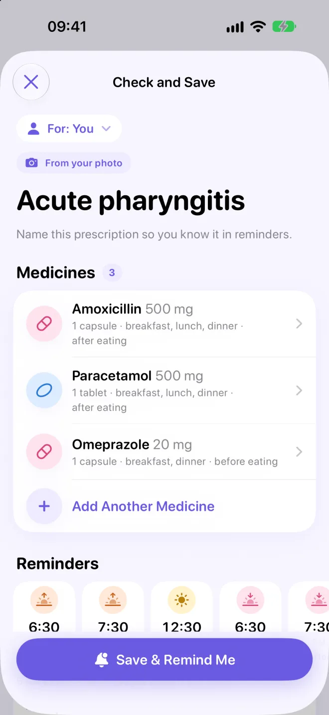 Check and Save screen for an Acute pharyngitis prescription read from a photo: Amoxicillin, Paracetamol and Omeprazole with meal times.