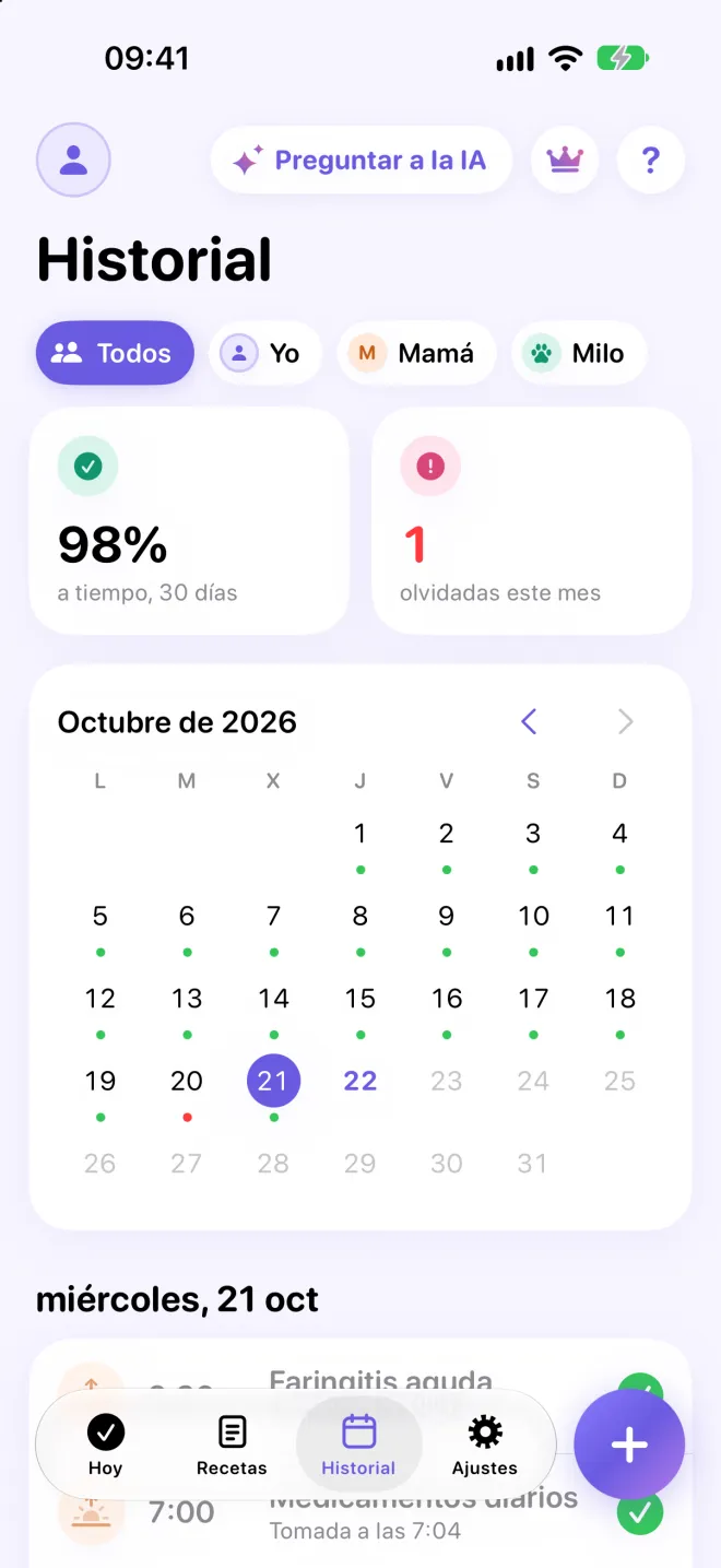 Pantalla Historial: 98 % a tiempo en 30 días, 1 olvido este mes y un calendario con un punto por día.