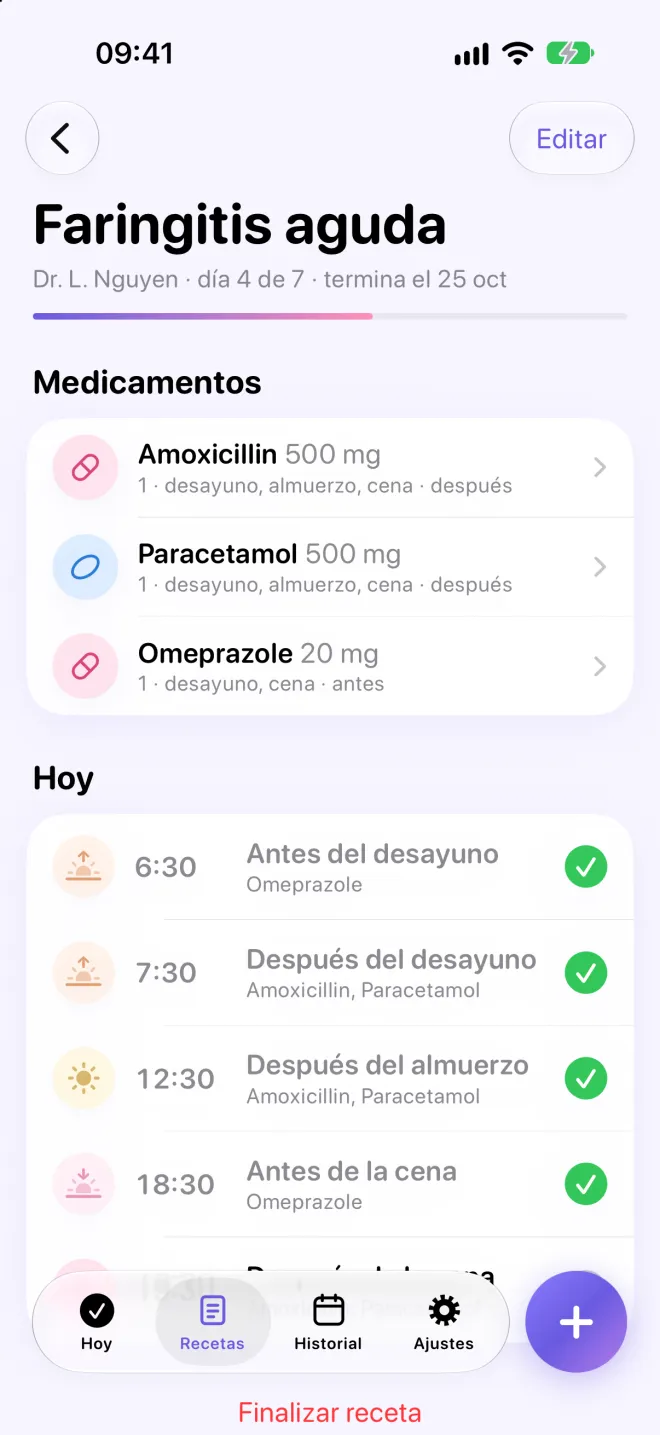 Una receta en Doseline: día 4 de 7, tres medicamentos y los recordatorios de hoy antes y después del desayuno, después del almuerzo y antes de la cena.