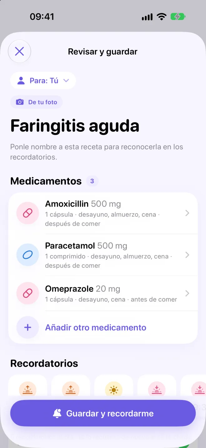 Pantalla Revisar y guardar de una receta de faringitis aguda leída de una foto: tres medicamentos con sus horas según las comidas.