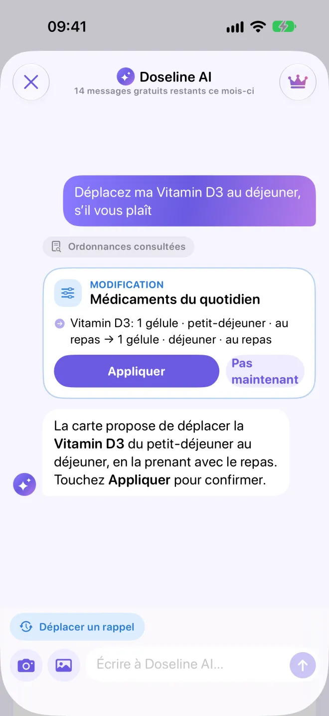 Discussion avec Doseline AI : à la demande de déplacer la vitamine D3 au déjeuner, il affiche une carte de modification à valider.