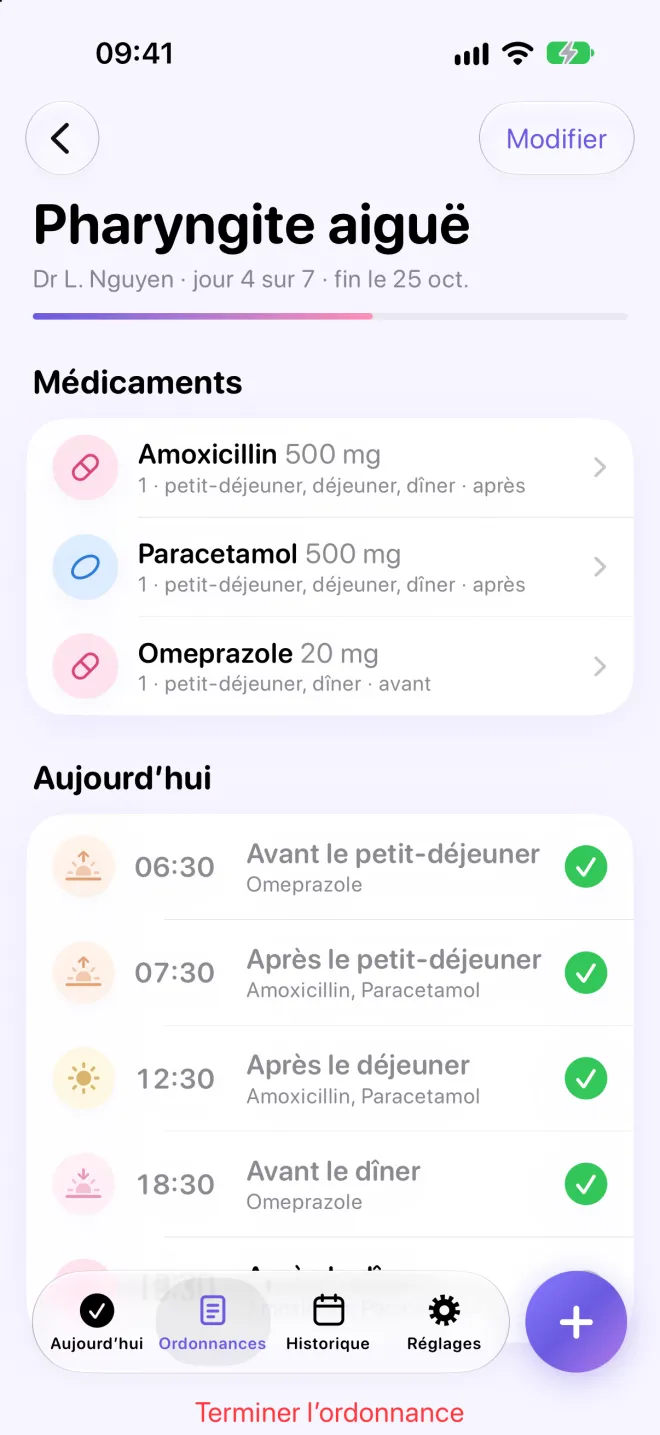 Une ordonnance dans Doseline : jour 4 sur 7, trois médicaments, et les rappels du jour avant et après le petit-déjeuner, après le déjeuner et avant le dîner.