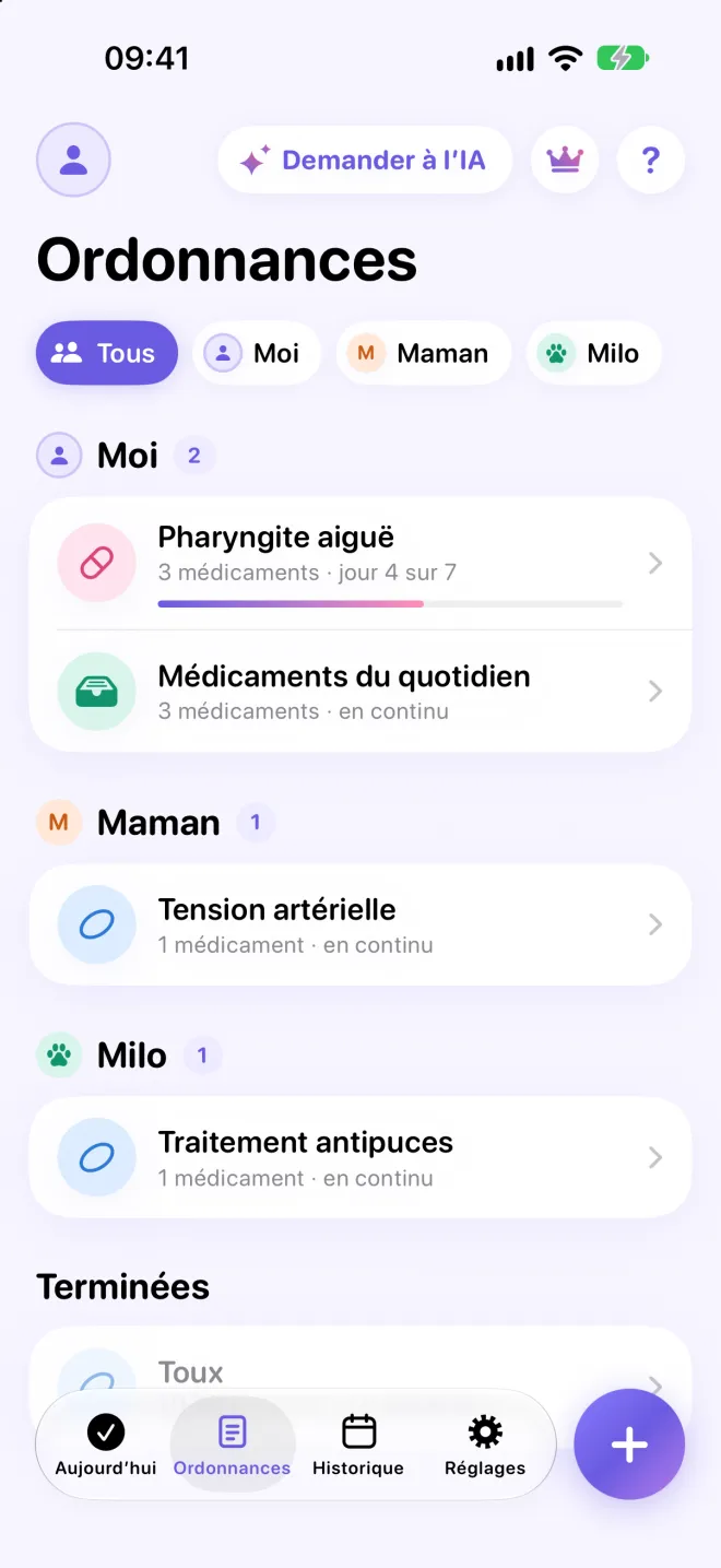Ordonnances classées par personne : Moi, Maman avec Tension artérielle, et le chien Milo avec Traitement antipuces.