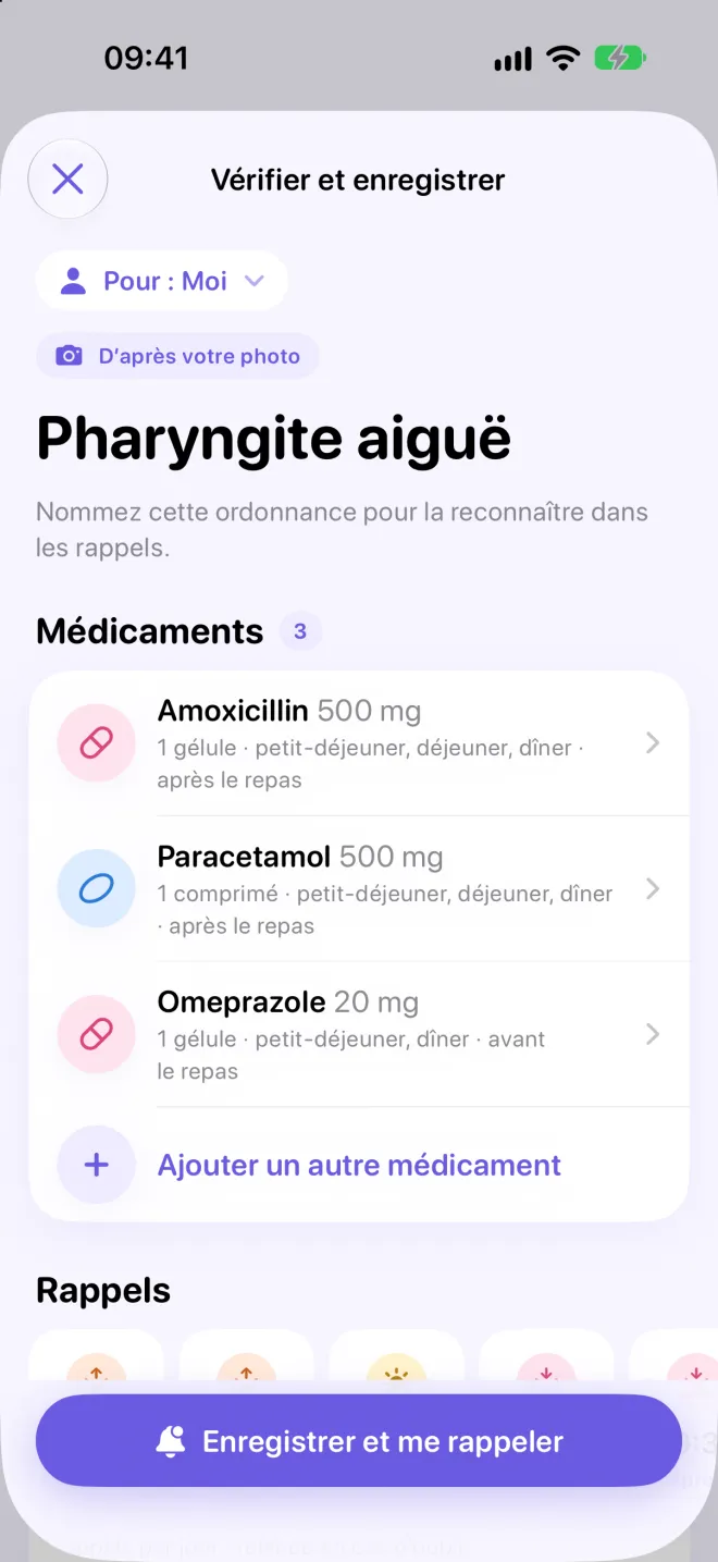 Écran Vérifier et enregistrer pour une ordonnance de pharyngite aiguë lue sur une photo : trois médicaments avec leurs horaires aux repas.