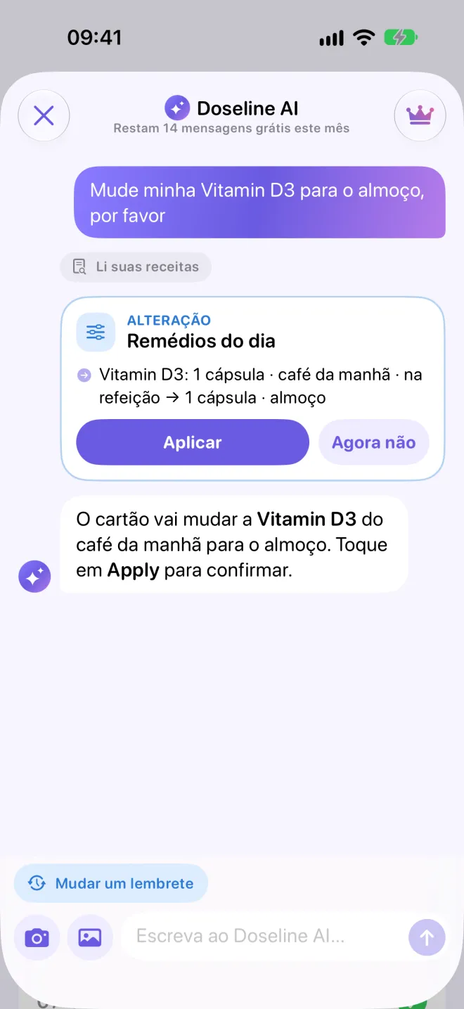 Chat com o Doseline AI: ao pedir para passar a vitamina D3 para o almoço, ele mostra um cartão de mudança para confirmar.