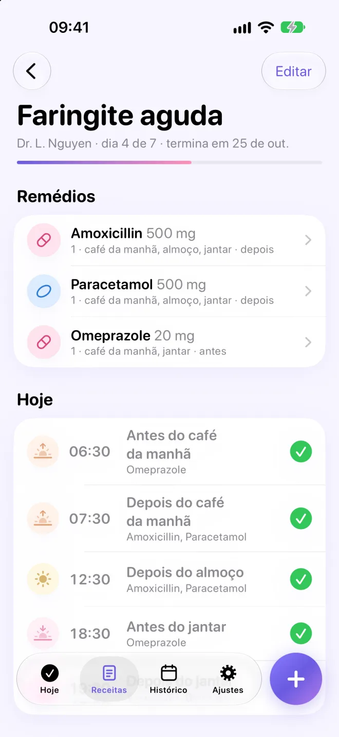 Uma receita no Doseline: dia 4 de 7, três remédios e os lembretes de hoje antes e depois do café da manhã, depois do almoço e antes do jantar.