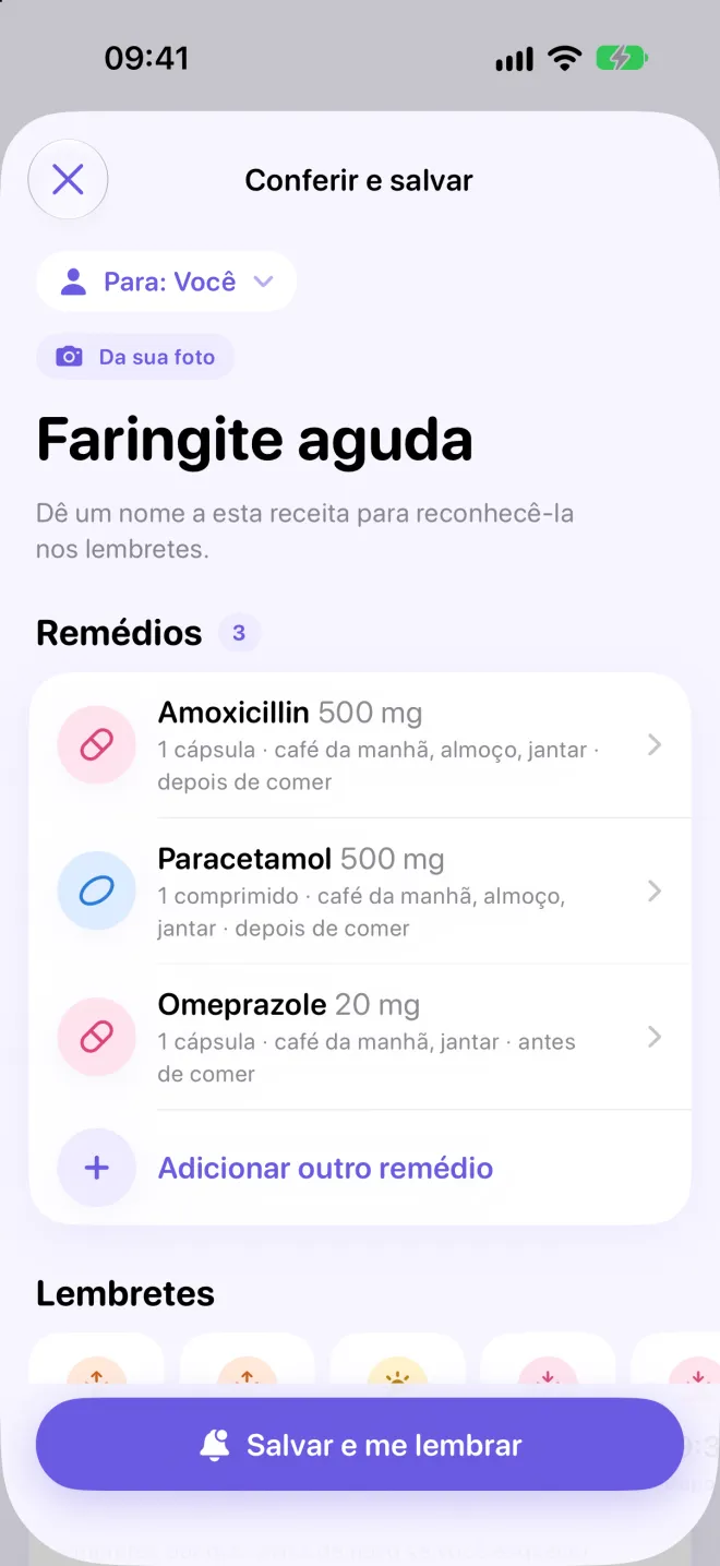 Tela Conferir e salvar de uma receita de faringite aguda lida de uma foto: três remédios com seus horários nas refeições.
