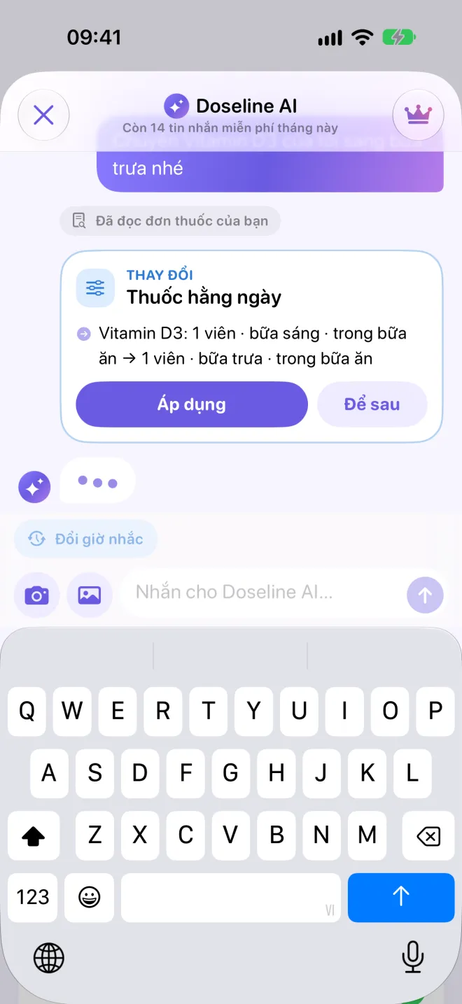 Khung chat Doseline AI: được nhờ dời Vitamin D3 sang bữa trưa, AI hiện thẻ thay đổi với nút Áp dụng và Để sau.