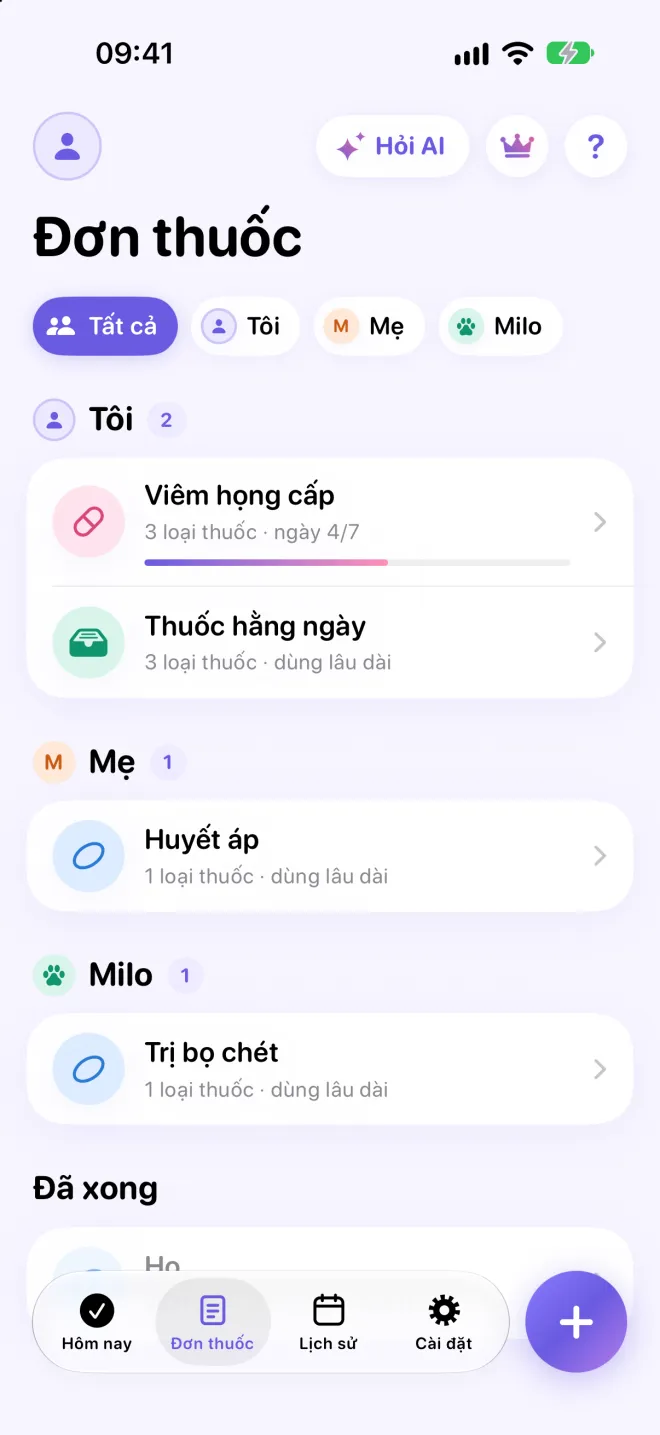 Danh sách đơn thuốc theo từng người: Tôi, Mẹ với đơn Huyết áp, và chó Milo với đơn Trị bọ chét.