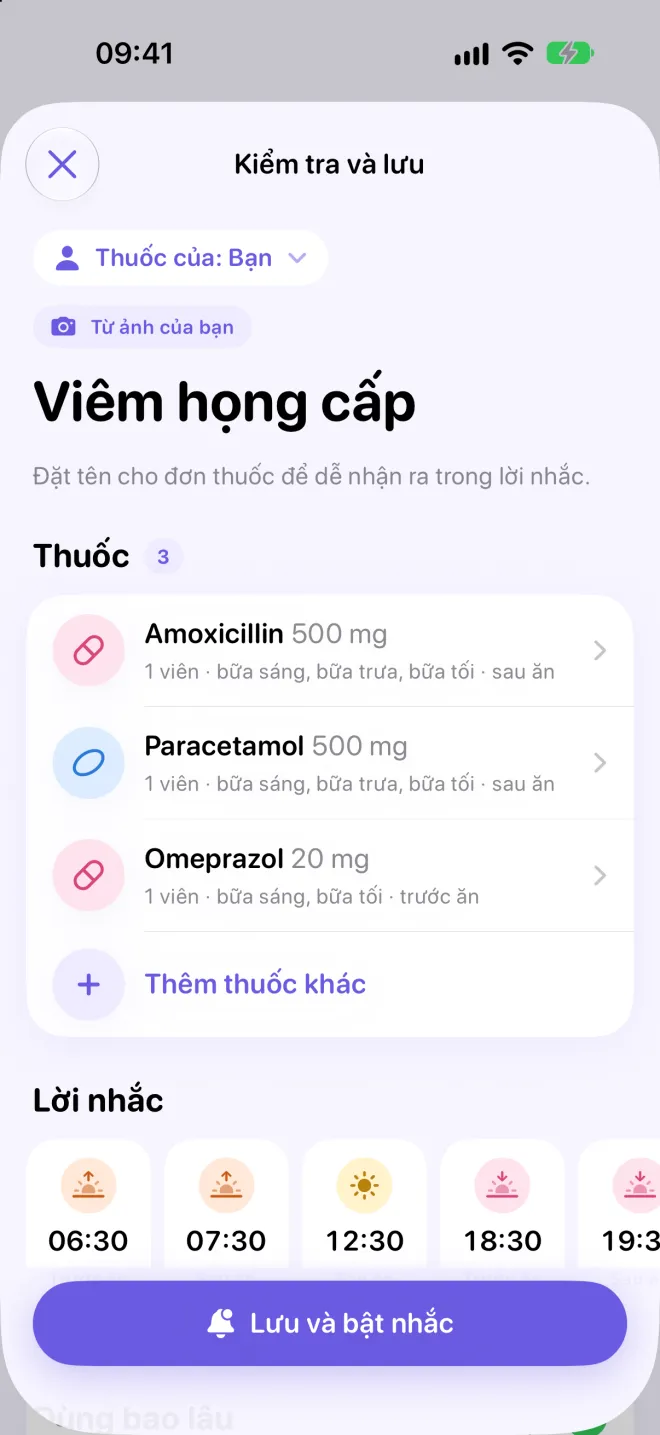 Màn hình Kiểm tra và lưu cho đơn Viêm họng cấp đọc từ ảnh: Amoxicillin, Paracetamol và Omeprazole kèm giờ uống theo bữa.